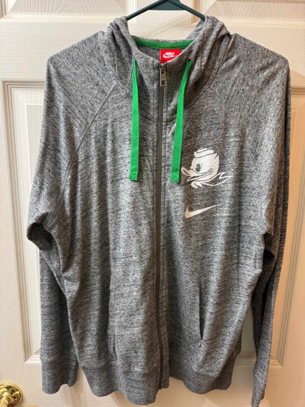 Nike OR Ducks Gray Heather Full-Zip Hoodie with Green Drawstrings & White Logo